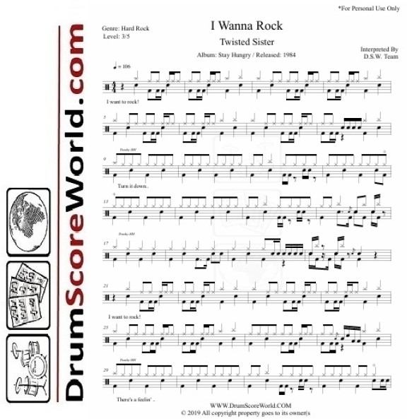 Twisted Sister - I Wanna Rock | Drum Sheet + Play-Along Track 